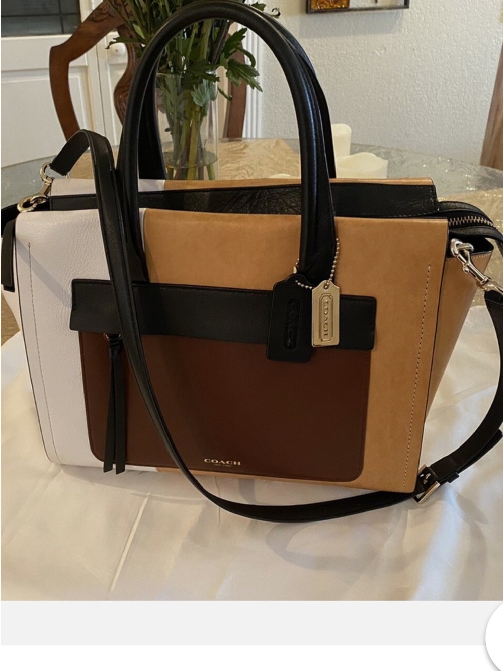 Coach Colorblock Leather Satchel in White, Tan & Brown with Black Accents